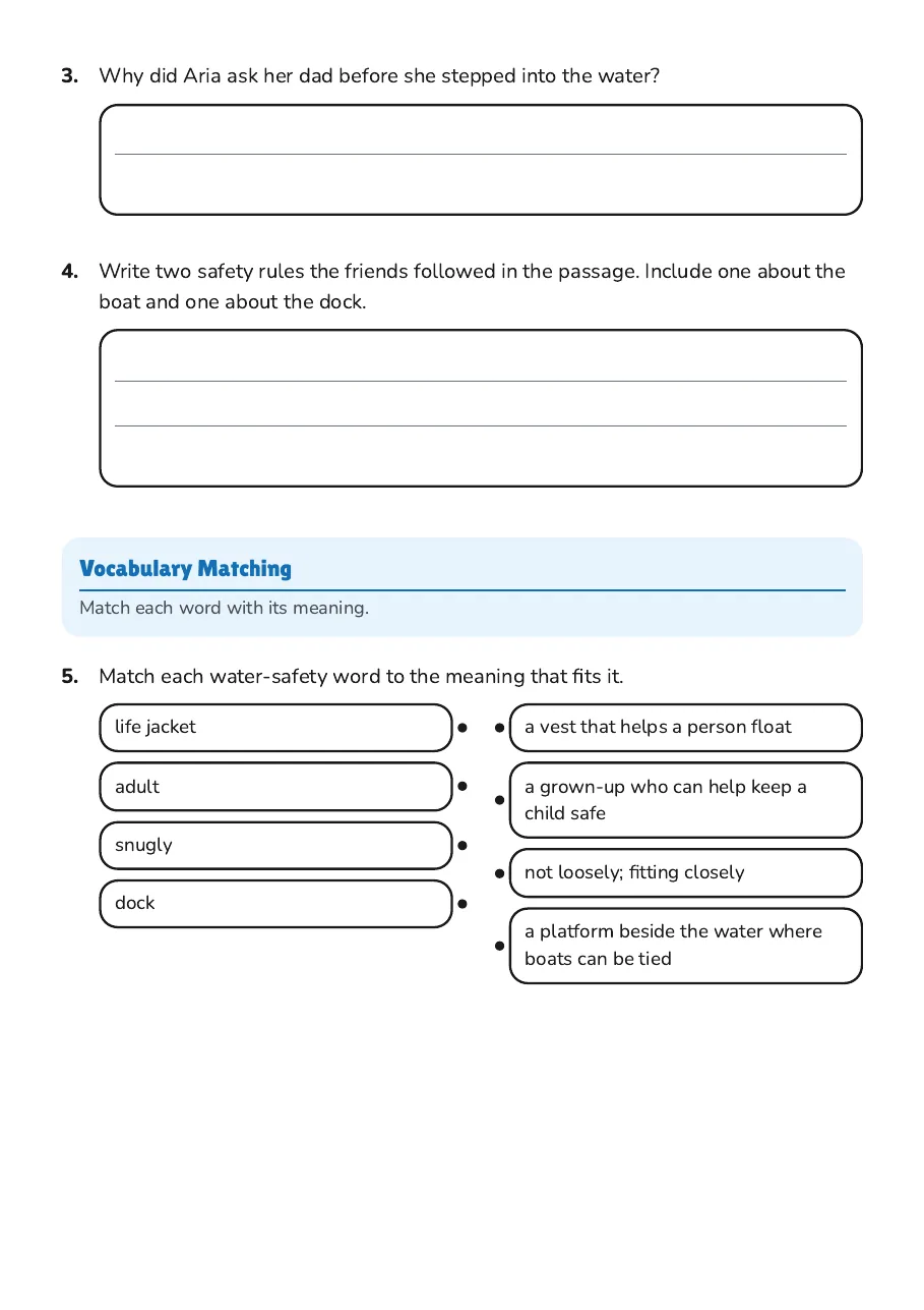 Water Safety Reading Worksheet, page 2 of 3: Vocabulary Matching