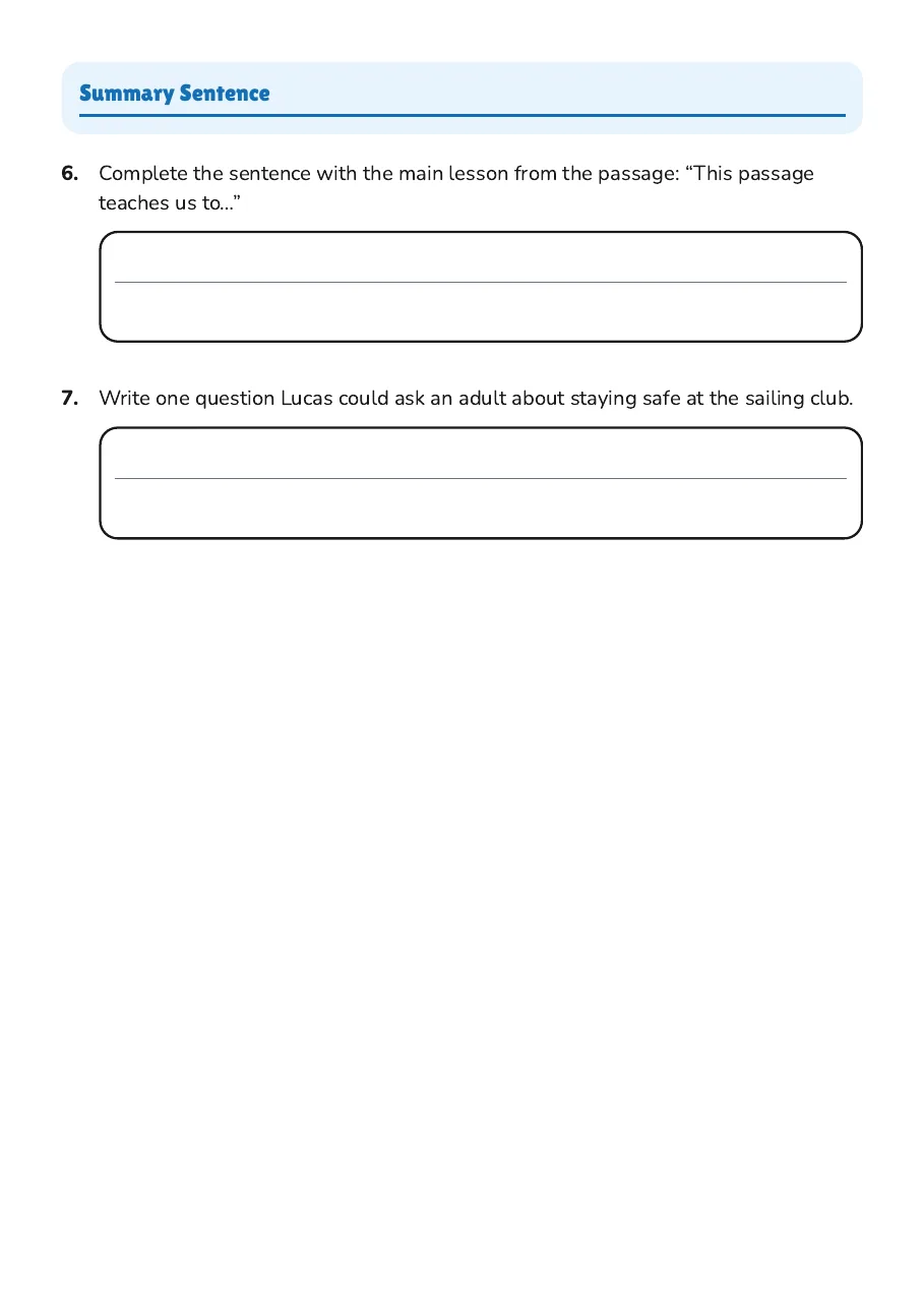Water Safety Reading Worksheet, page 3 of 3: Summary Sentence