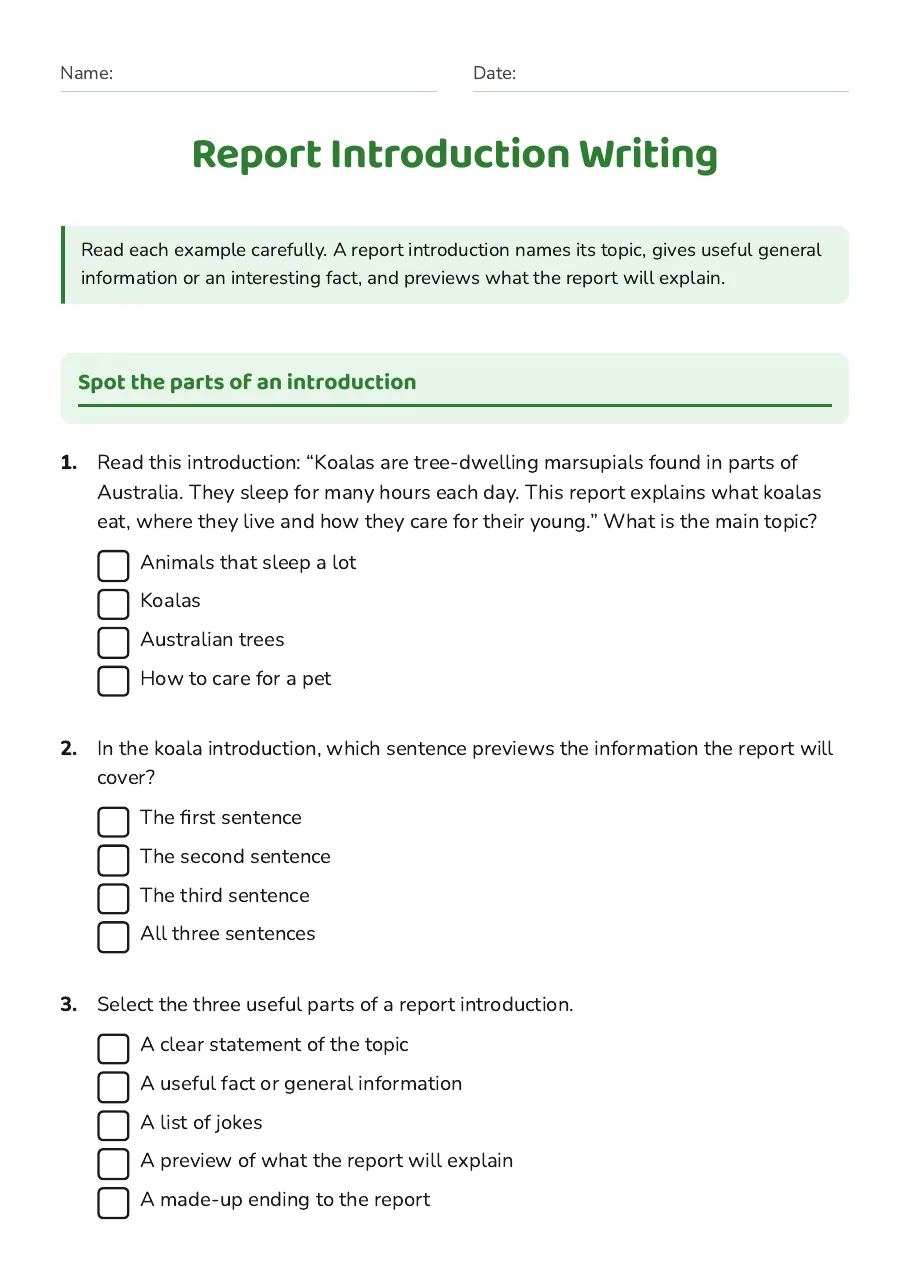 Report Introduction Writing, page 1 of 3: Spot the parts of an introduction