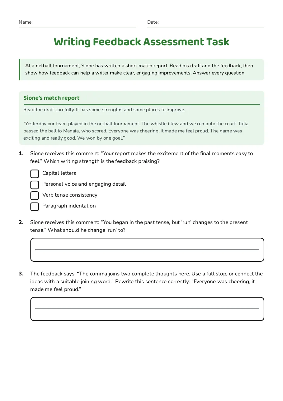 Writing Feedback Assessment Task, page 1 of 3: Sione’s match report