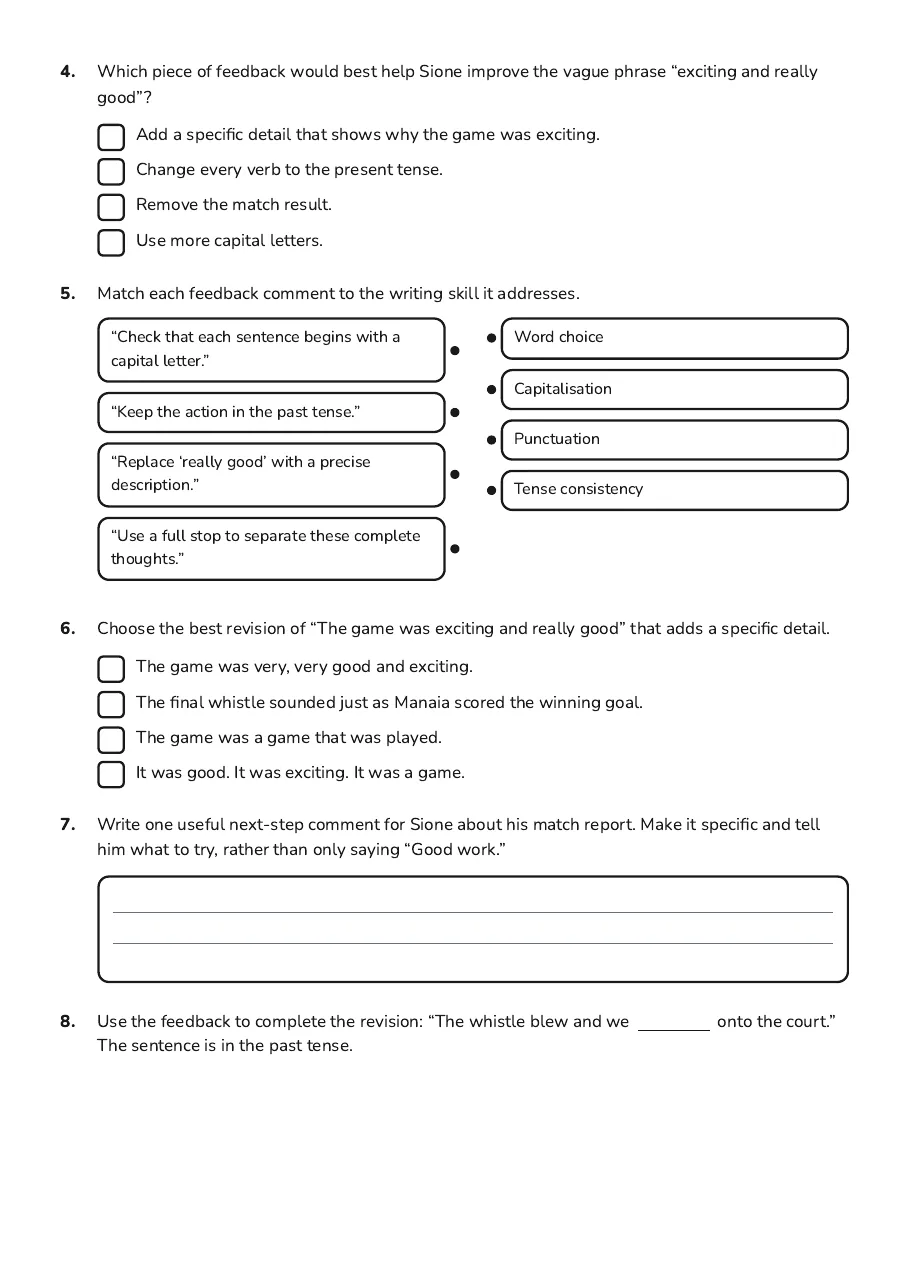 Writing Feedback Assessment Task, page 2 of 3: 4. Which piece of feedback would best help Sione improve the vague phrase “exciting and…