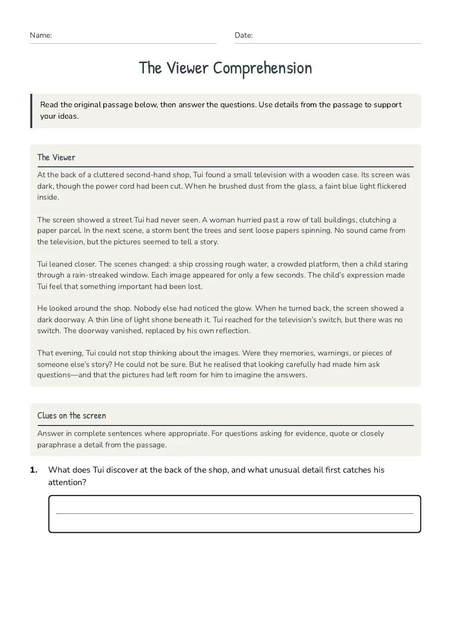 The Viewer Comprehension, page 1 of 3: The Viewer, Clues on the screen