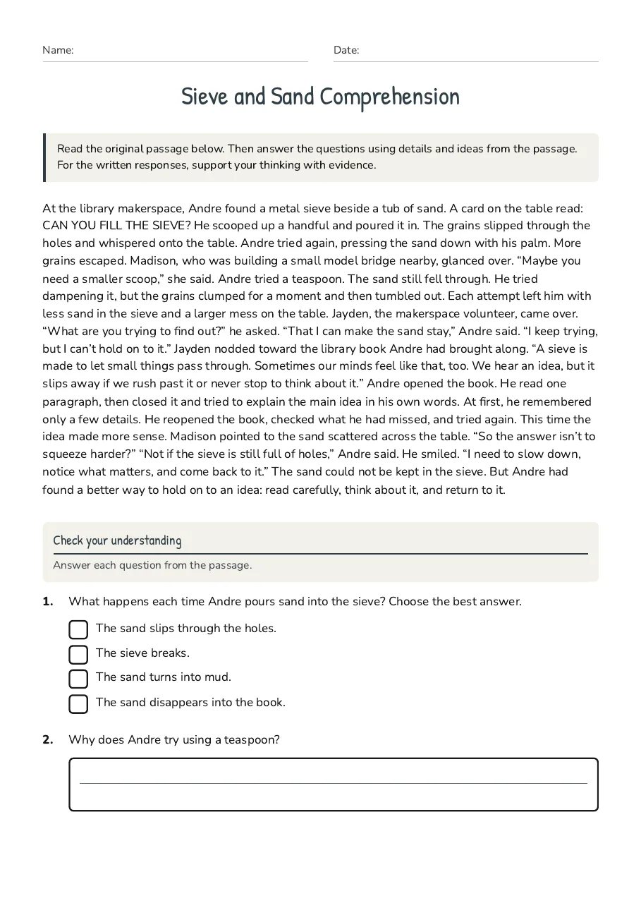 Sieve and Sand Comprehension, page 1 of 3: Check your understanding