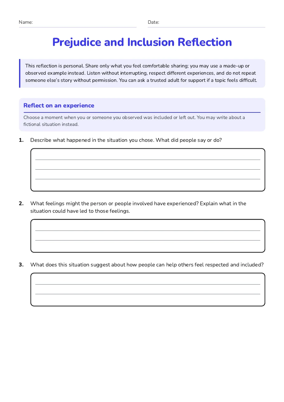 Prejudice and Inclusion Reflection, page 1 of 2: Reflect on an experience