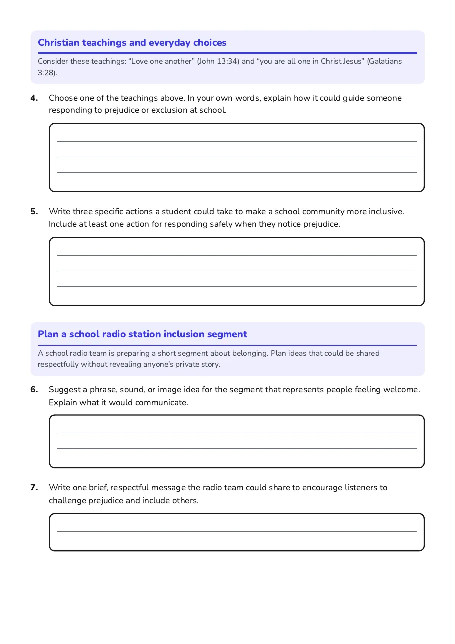 Prejudice and Inclusion Reflection, page 2 of 2: Christian teachings and everyday choices, Plan a school radio station inclusion segment