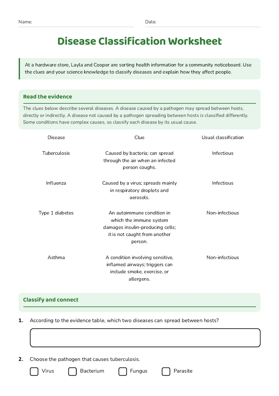Disease Classification Worksheet, page 1 of 3: Read the evidence, Classify and connect
