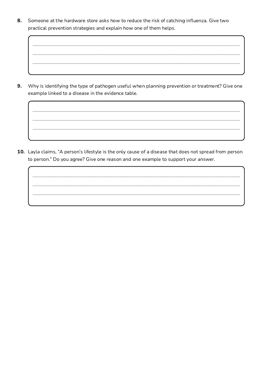 Disease Classification Worksheet, page 3 of 3: 8. Someone at the hardware store asks how to reduce the risk of catching influenza. Give…
