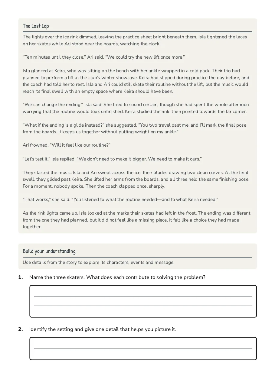 Story Mind Map Comprehension, page 2 of 4: The Last Lap, Build your understanding