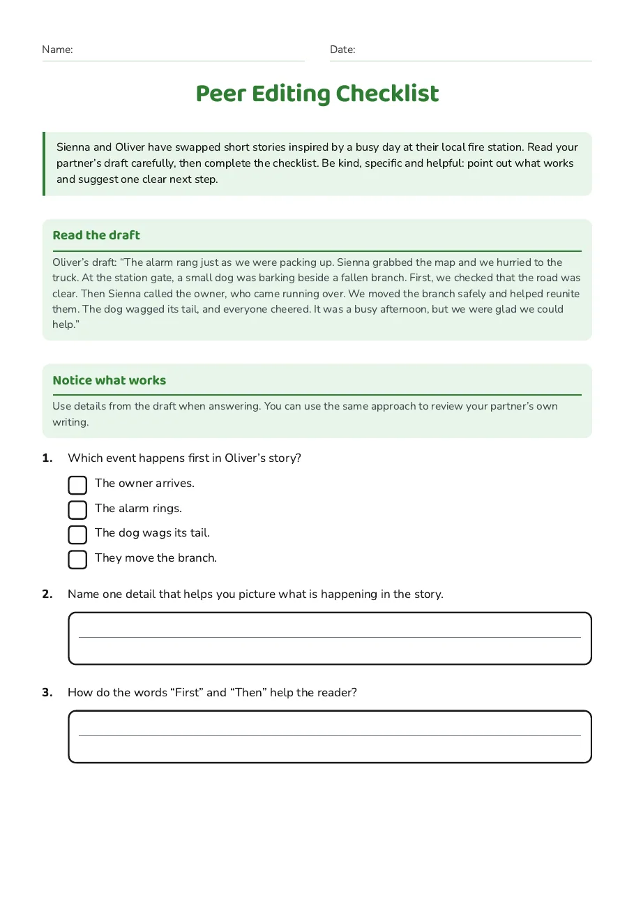 Peer Editing Checklist, page 1 of 3: Read the draft, Notice what works