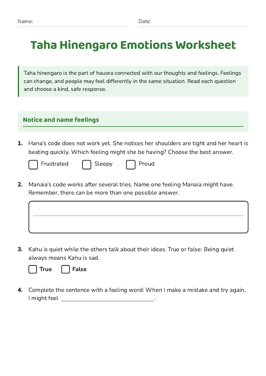Taha Hinengaro Emotions Worksheet, page 1 of 3: Notice and name feelings