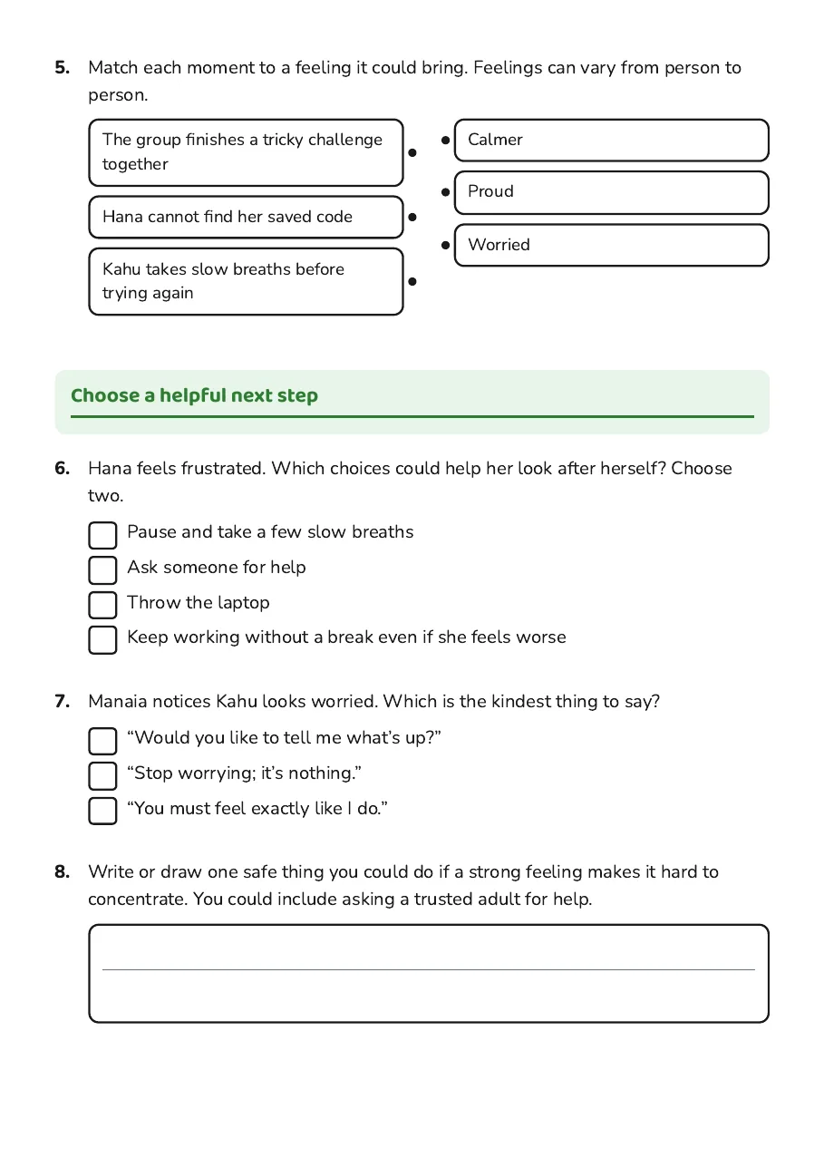 Taha Hinengaro Emotions Worksheet, page 2 of 3: Choose a helpful next step