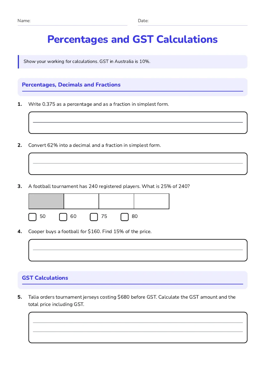 Percentages and GST Calculations, page 1 of 2: Percentages, Decimals and Fractions, GST Calculations
