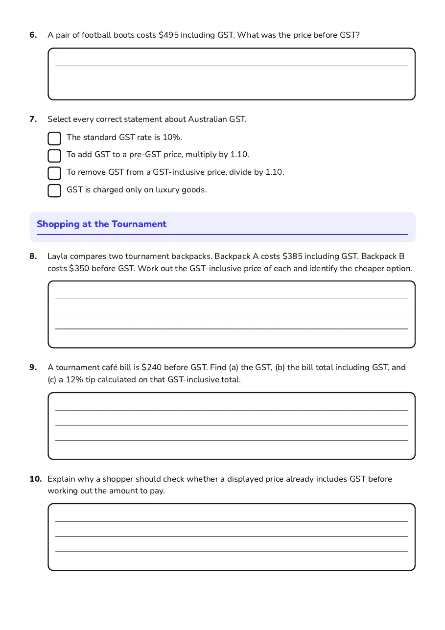 Percentages and GST Calculations, page 2 of 2: Shopping at the Tournament