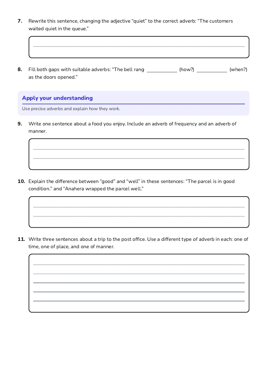 Year 8 Adverbs Quiz, page 2 of 3: Apply your understanding