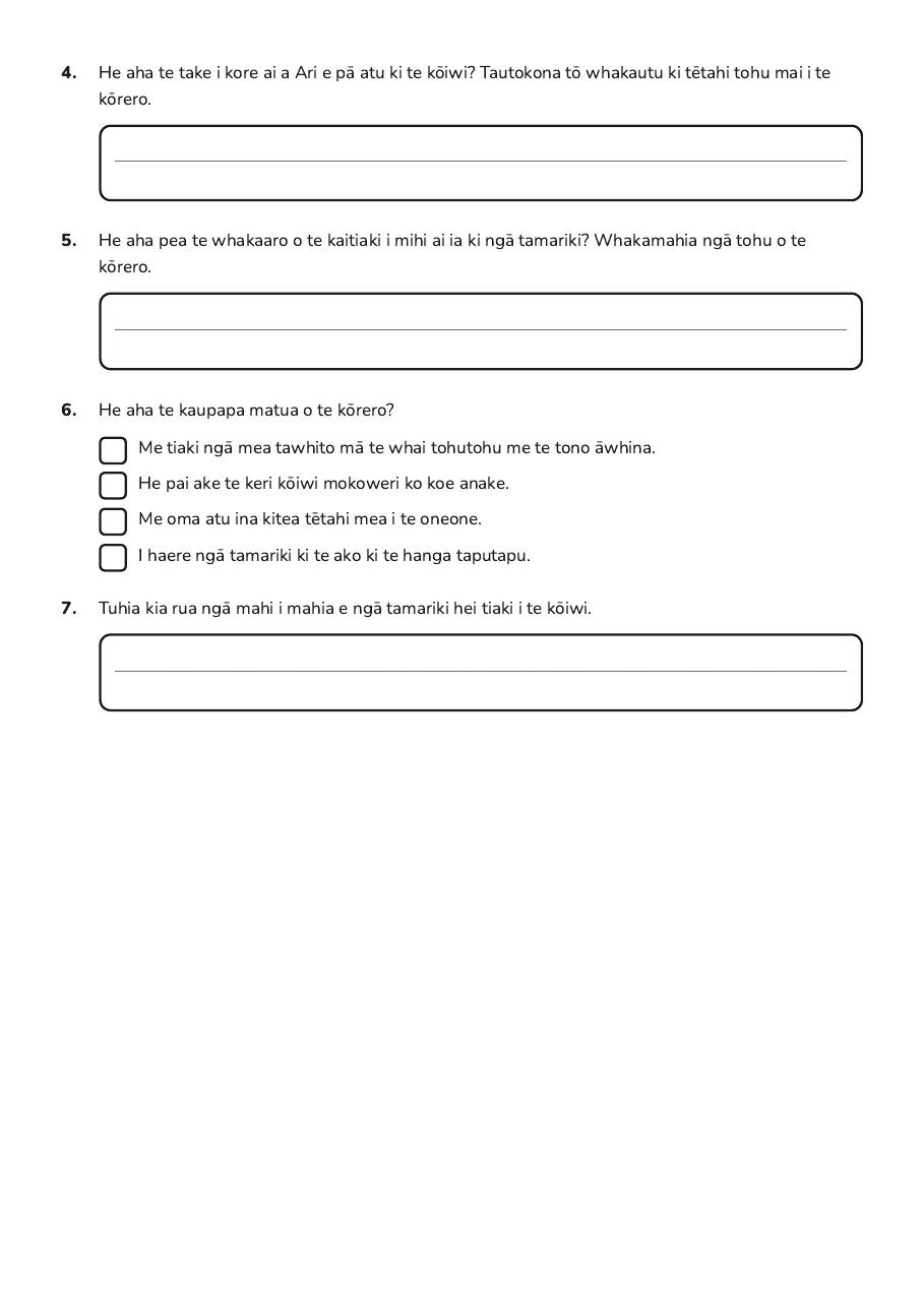 Ngā Tohu me ngā Tikanga, page 2 of 2: 4. He aha te take i kore ai a Ari e pā atu ki te kō iwi? Tautokona tō whakautu ki tē tahi…