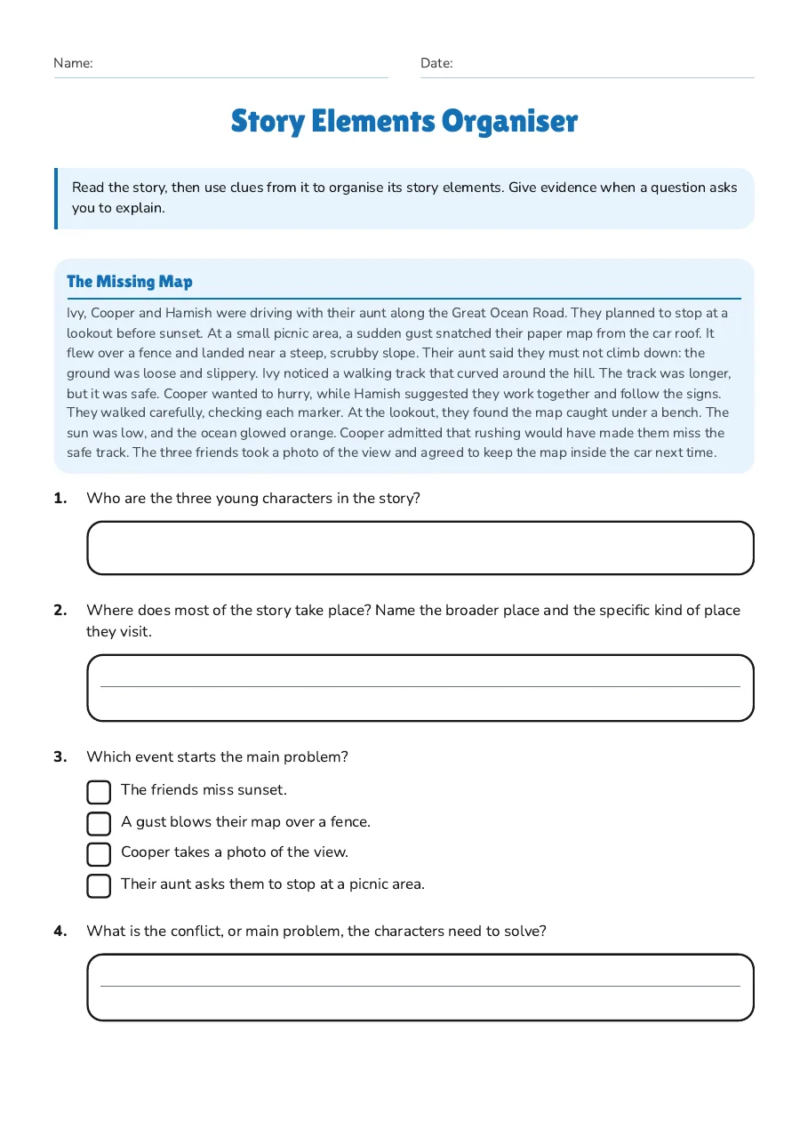 Story Elements Organiser, page 1 of 3: The Missing Map