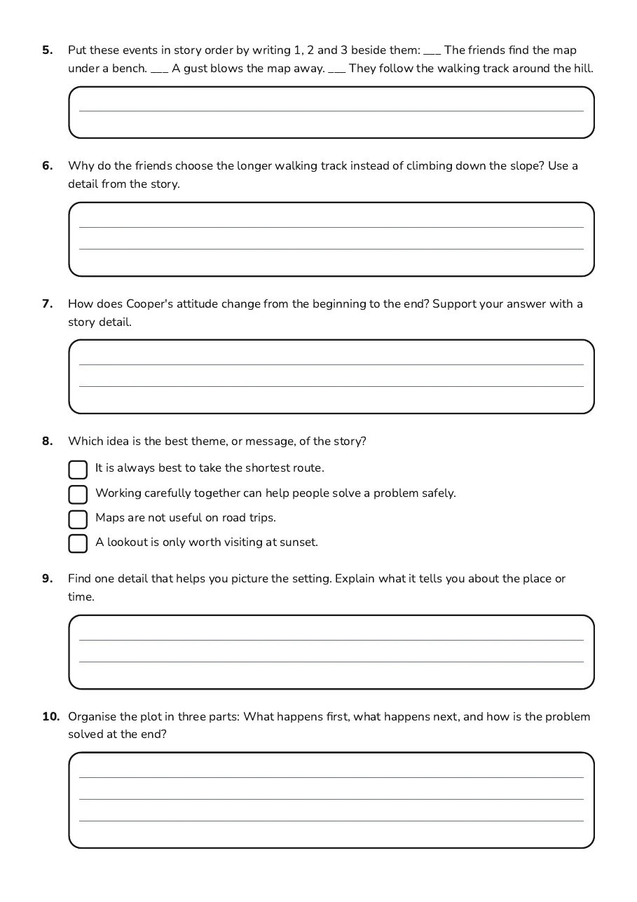 Story Elements Organiser, page 2 of 3: 5. Put these events in story order by writing 1, 2 and 3 beside them: ___ The friends…