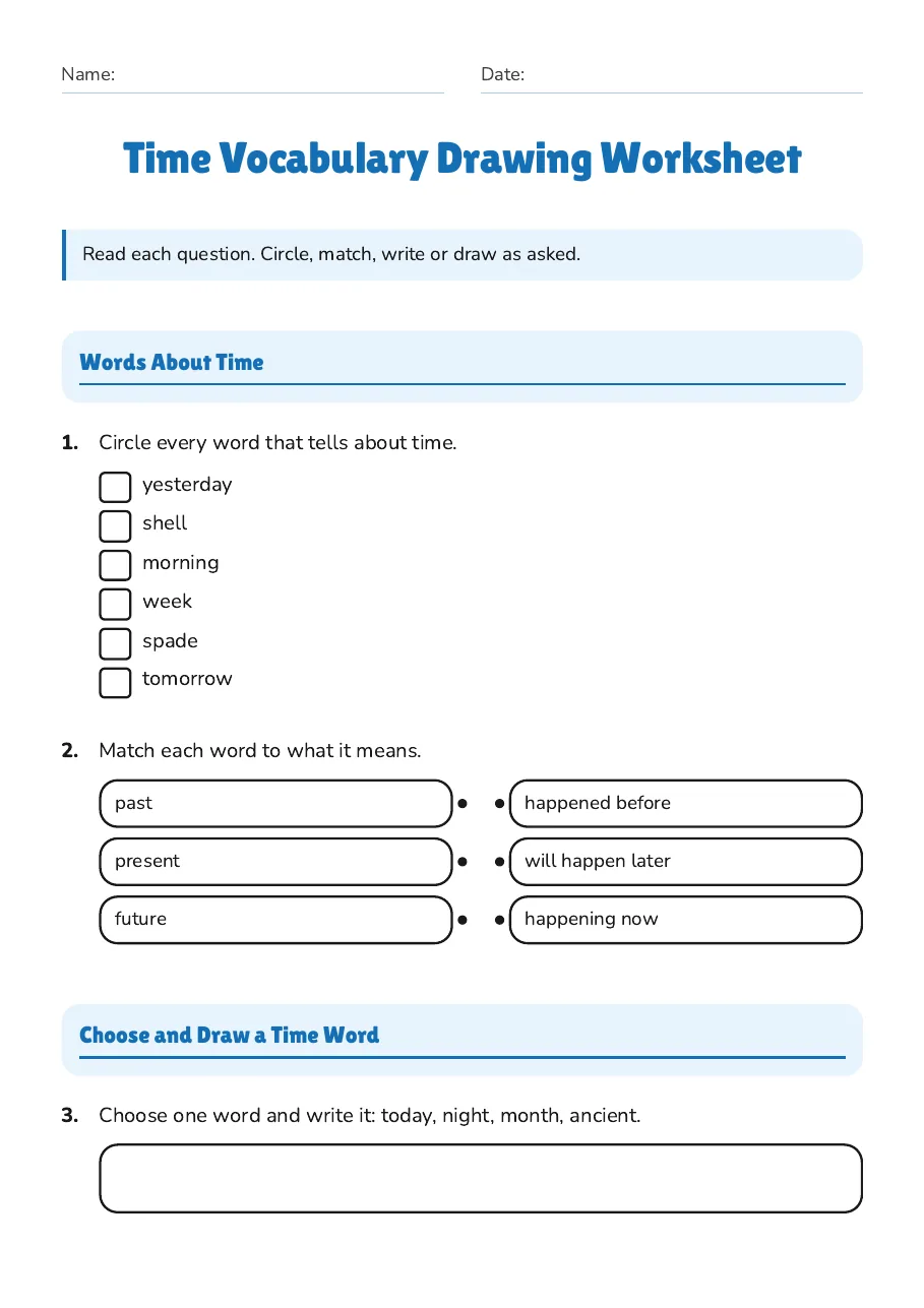 Time Vocabulary Drawing Worksheet, page 1 of 3: Words About Time, Choose and Draw a Time Word
