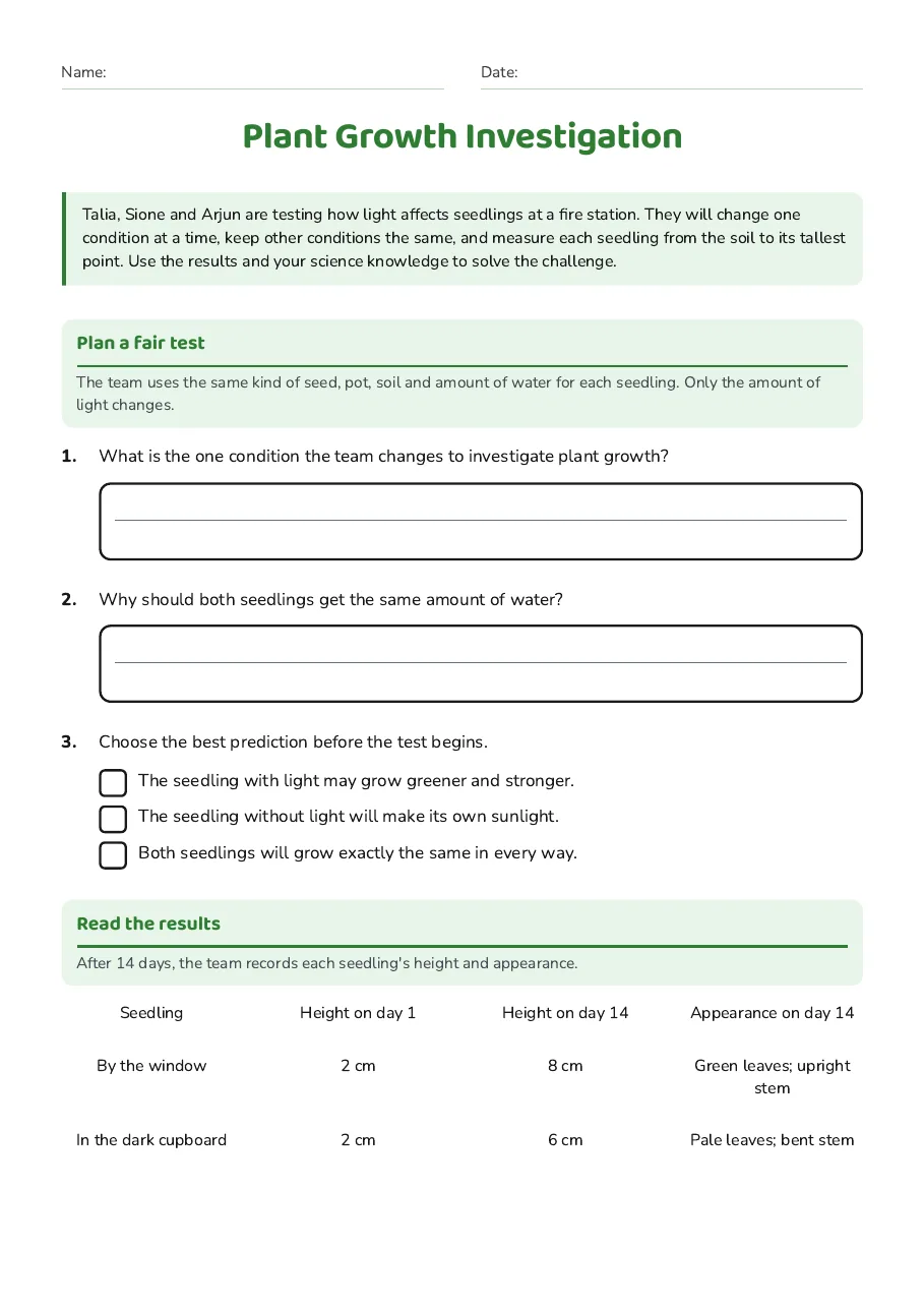 Plant Growth Investigation, page 1 of 2: Plan a fair test, Read the results