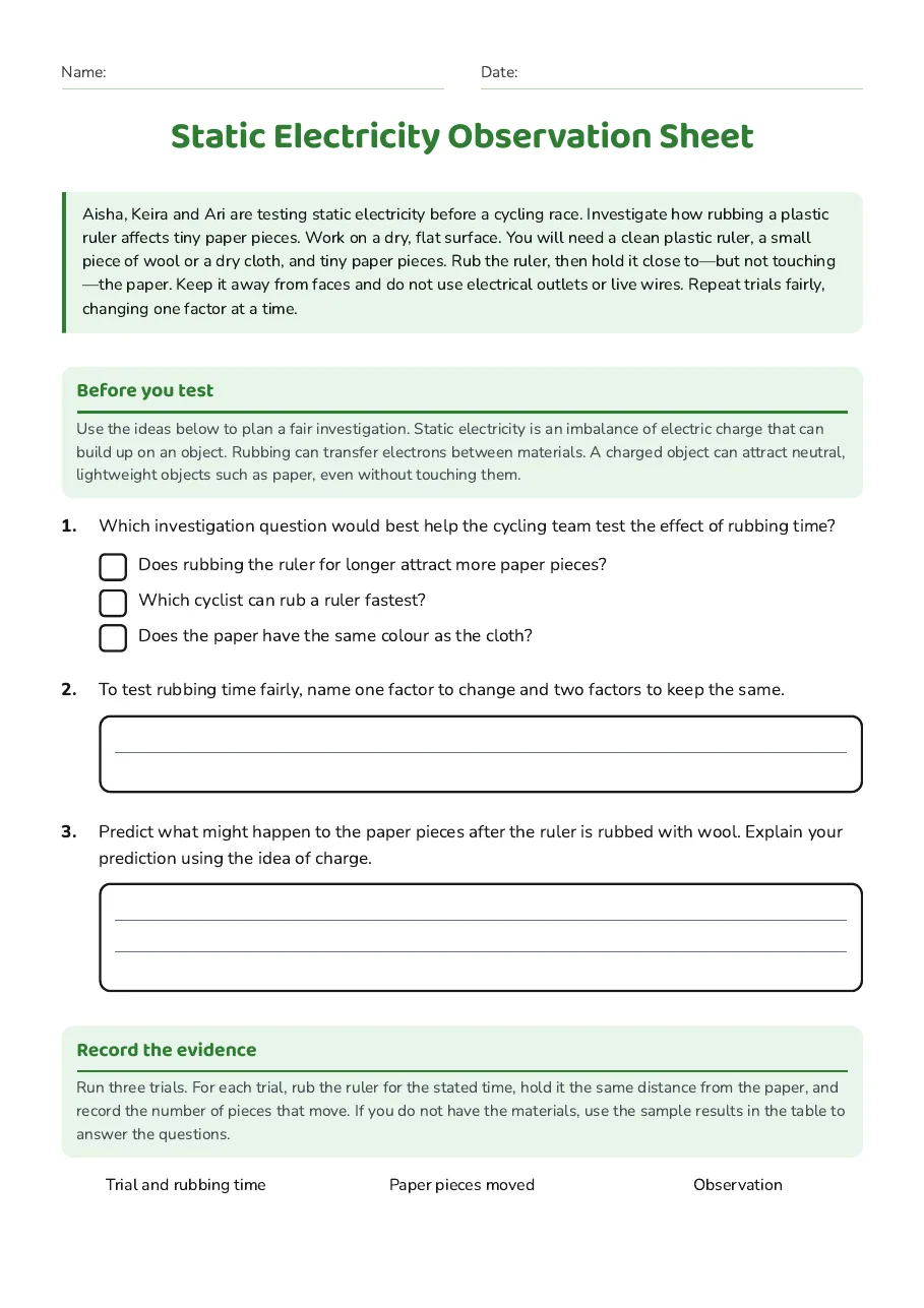 Static Electricity Observation Sheet, page 1 of 2: Before you test, Record the evidence