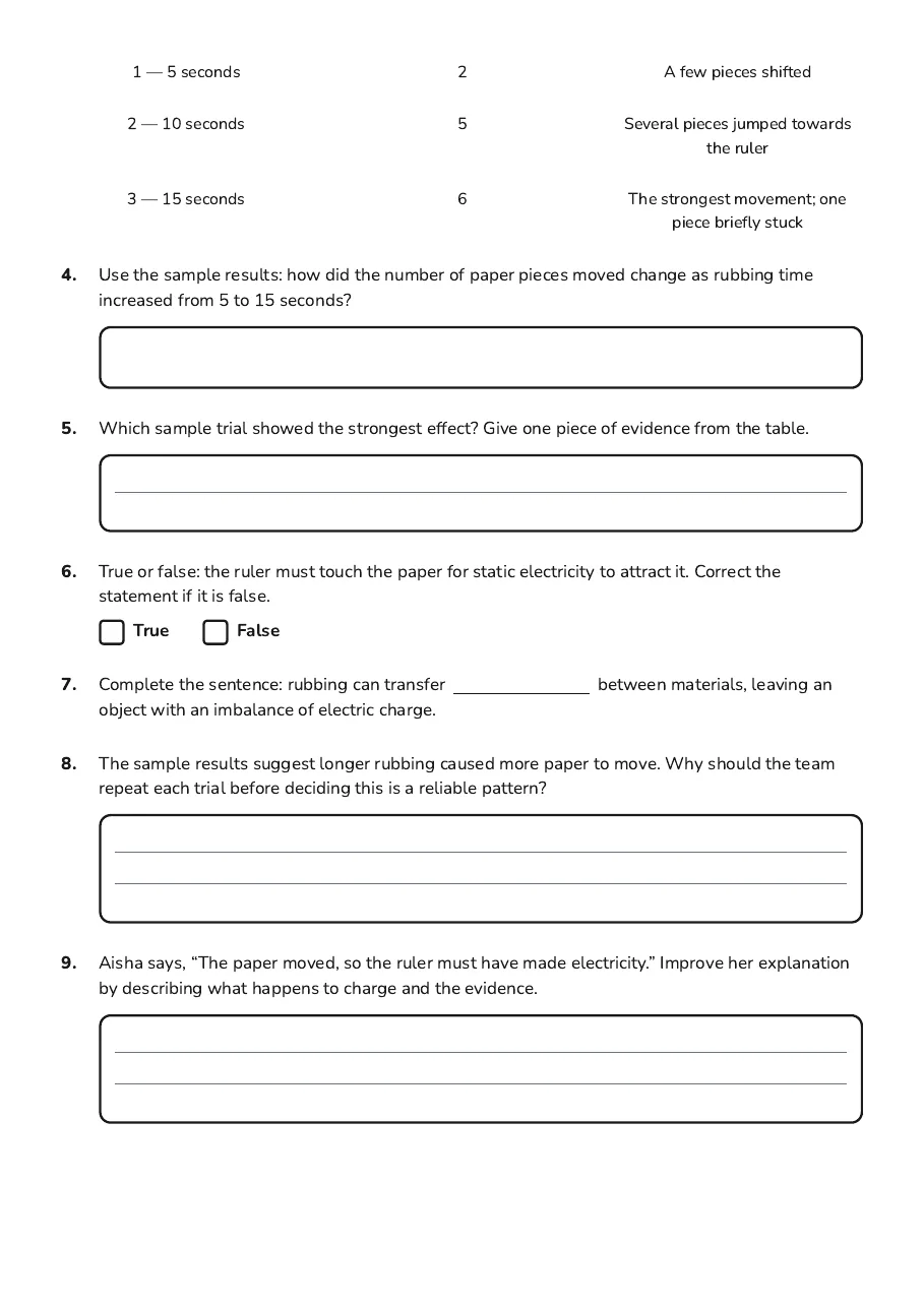 Static Electricity Observation Sheet, page 2 of 2: 1 — 5 seconds 2 A few pieces shifted