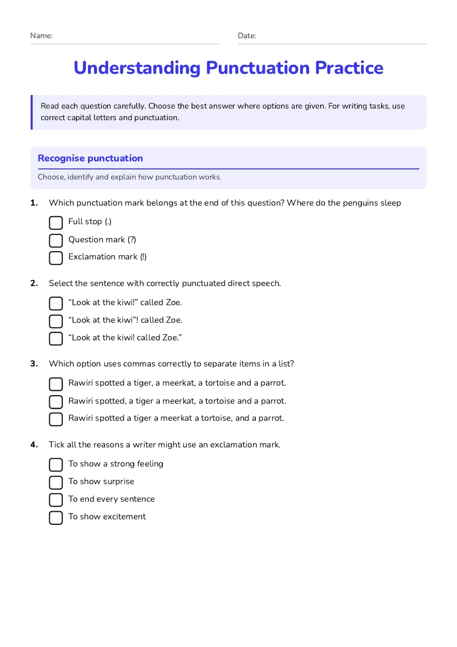 Understanding Punctuation Practice, page 1 of 3: Recognise punctuation