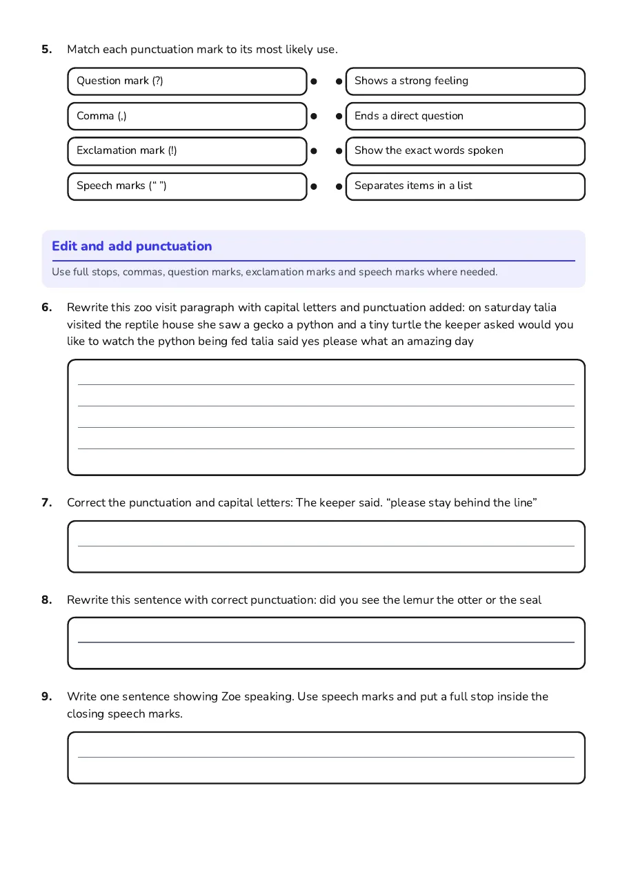 Understanding Punctuation Practice, page 2 of 3: Edit and add punctuation