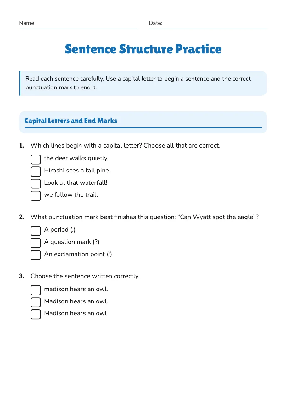 Sentence Structure Practice, page 1 of 3: Capital Letters and End Marks
