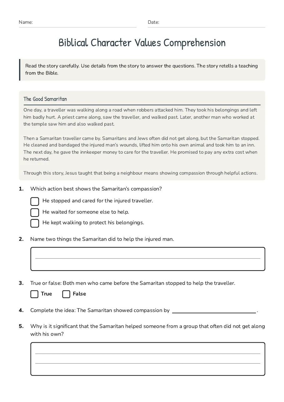 Biblical Character Values Comprehension, page 1 of 2: The Good Samaritan