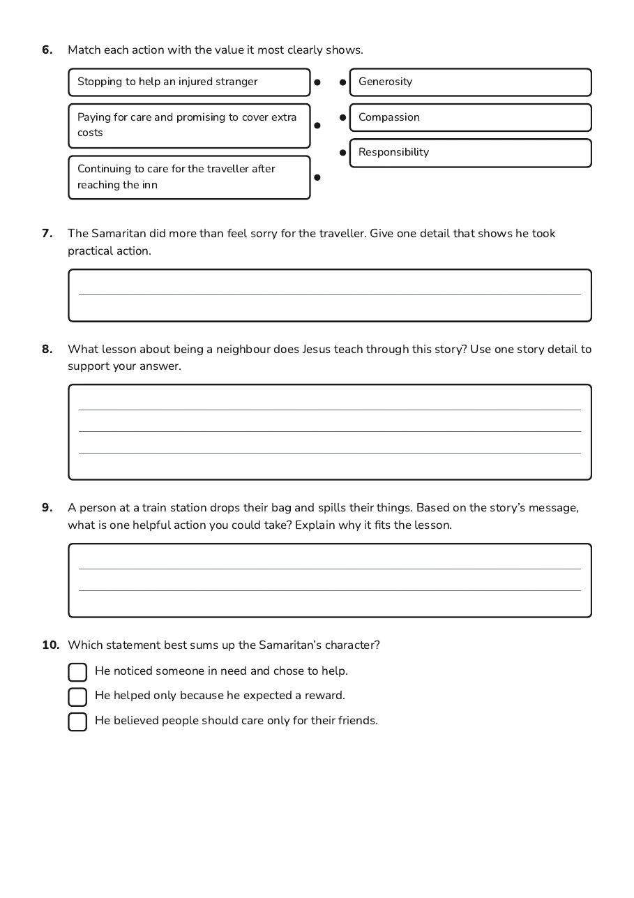 Biblical Character Values Comprehension, page 2 of 2: 6. Match each action with the value it most clearly shows.