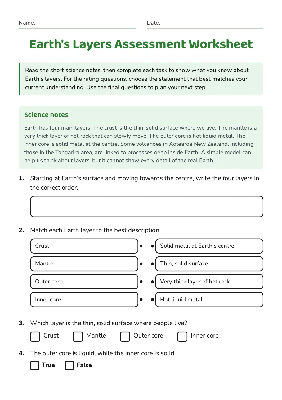 Earth's Layers Assessment Worksheet, page 1 of 3: Science notes