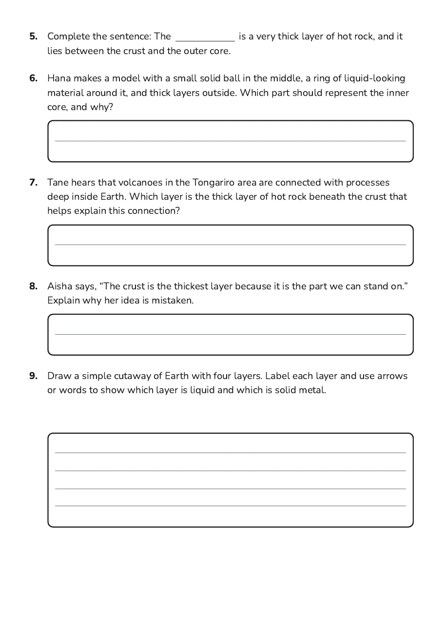 Earth's Layers Assessment Worksheet, page 2 of 3: 5. Complete the sentence: The is a very thick layer of hot rock, and it