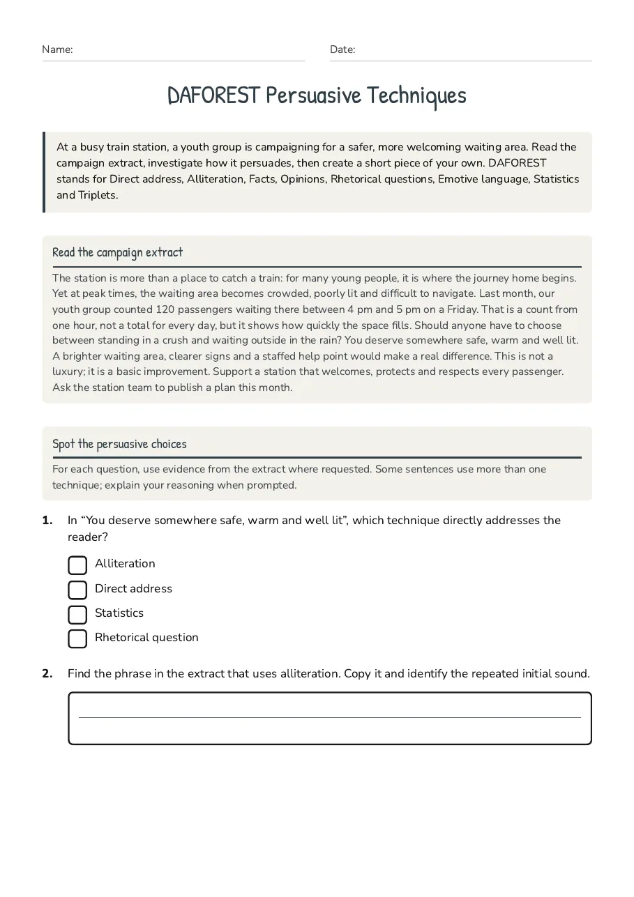DAFOREST Persuasive Techniques, page 1 of 3: Read the campaign extract, Spot the persuasive choices