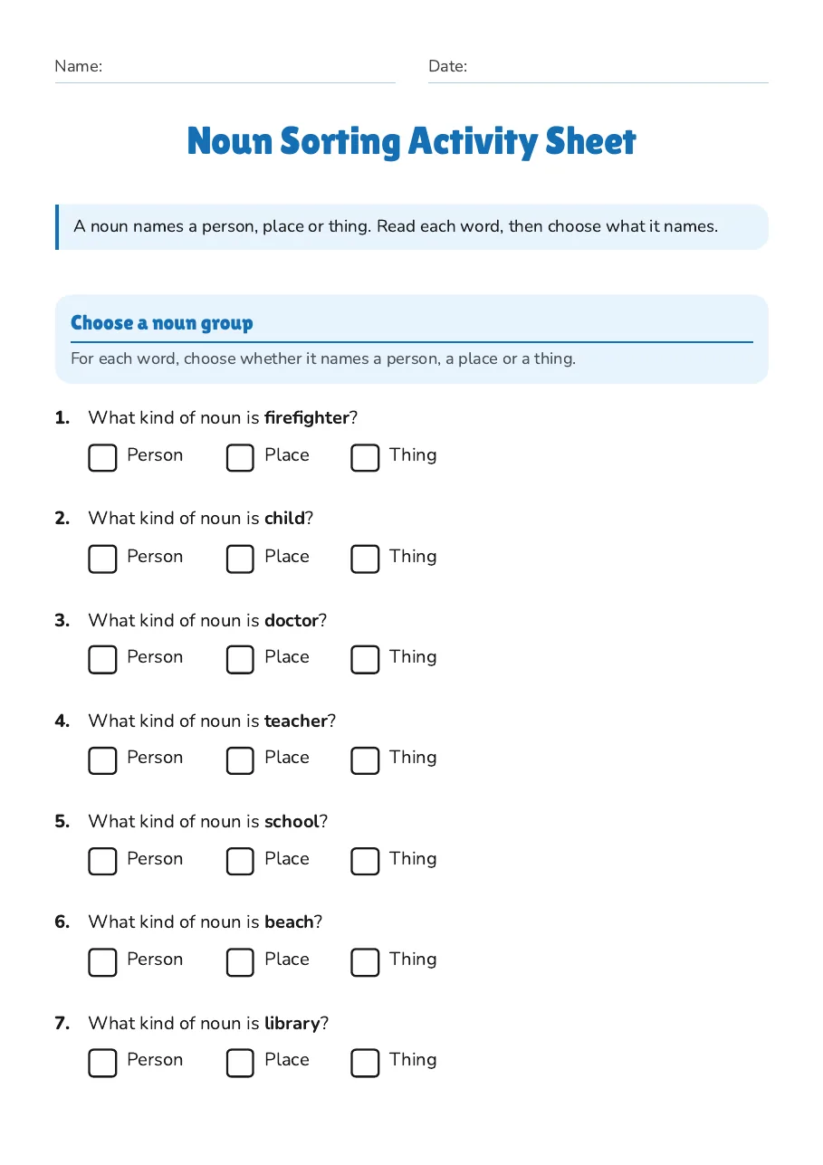 Noun Sorting Activity Sheet, page 1 of 2: Choose a noun group