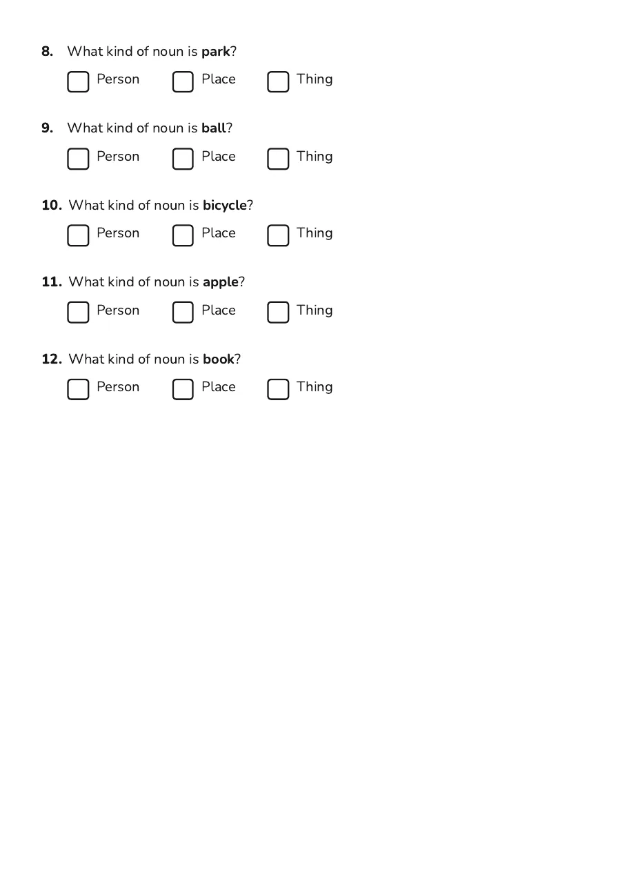 Noun Sorting Activity Sheet, page 2 of 2: 8. What kind of noun is park?