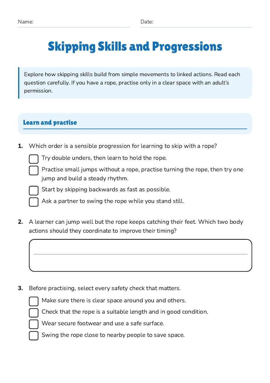 Skipping Skills and Progressions, page 1 of 3: Learn and practise