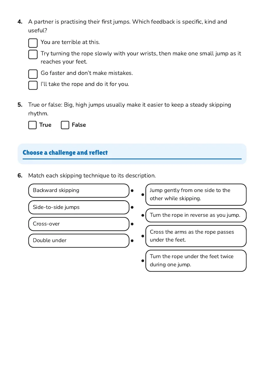 Skipping Skills and Progressions, page 2 of 3: Choose a challenge and reflect