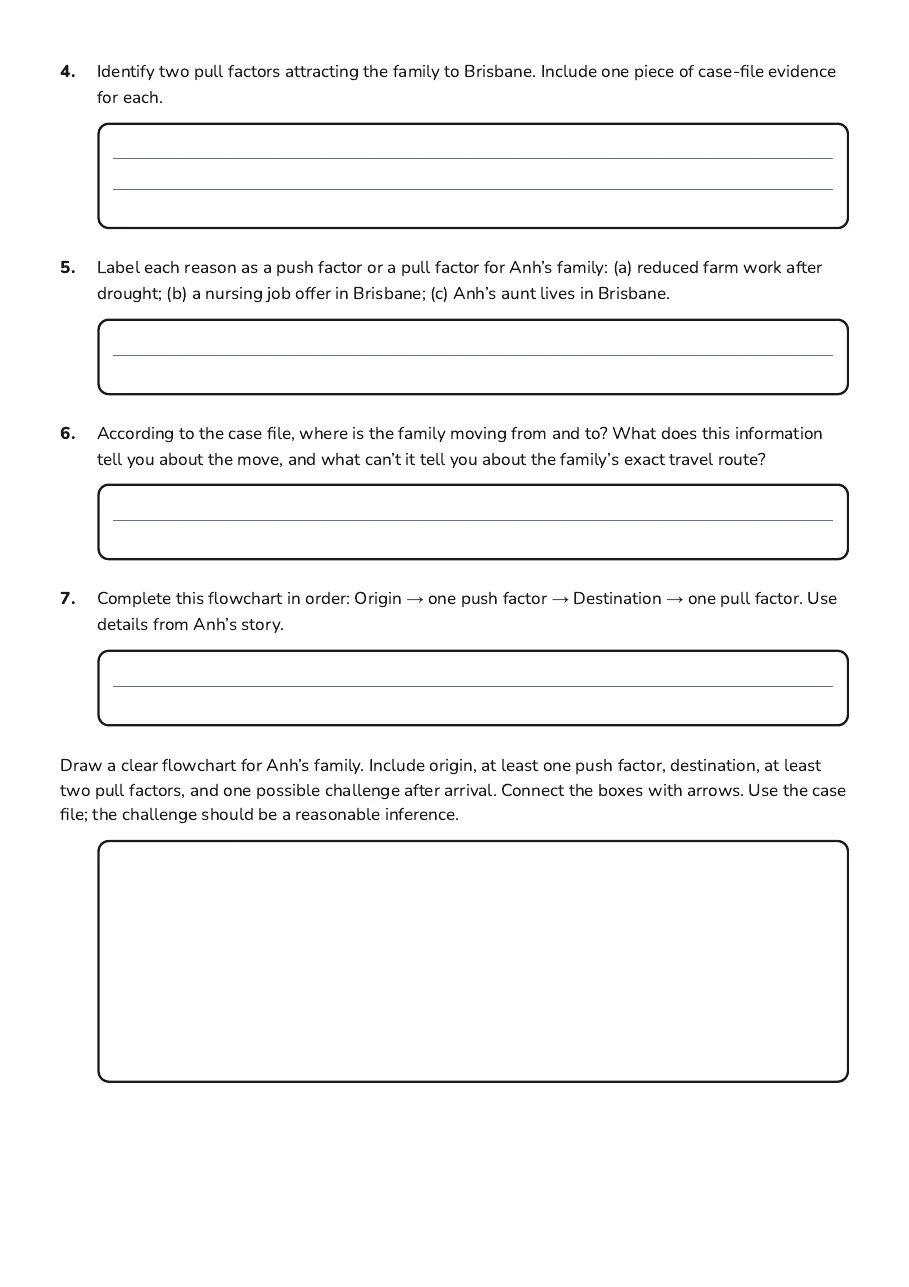 Migration Flowchart, page 2 of 3: 4. Identify two pull factors attracting the family to Brisbane. Include one piece of…