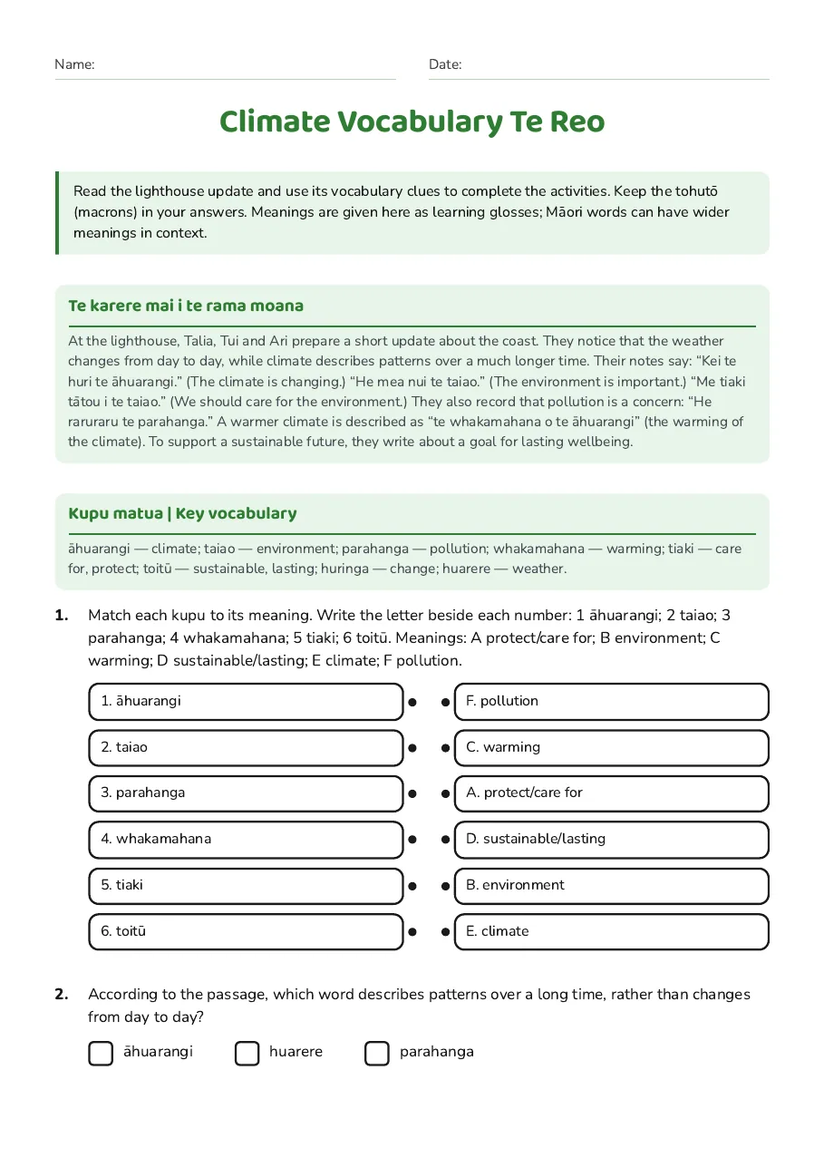 Climate Vocabulary Te Reo, page 1 of 2: Te karere mai i te rama moana, Kupu matua | Key vocabulary