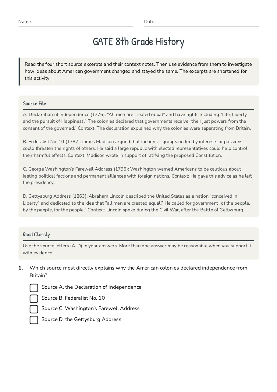 GATE 8th Grade History, page 1 of 3: Source File, Read Closely