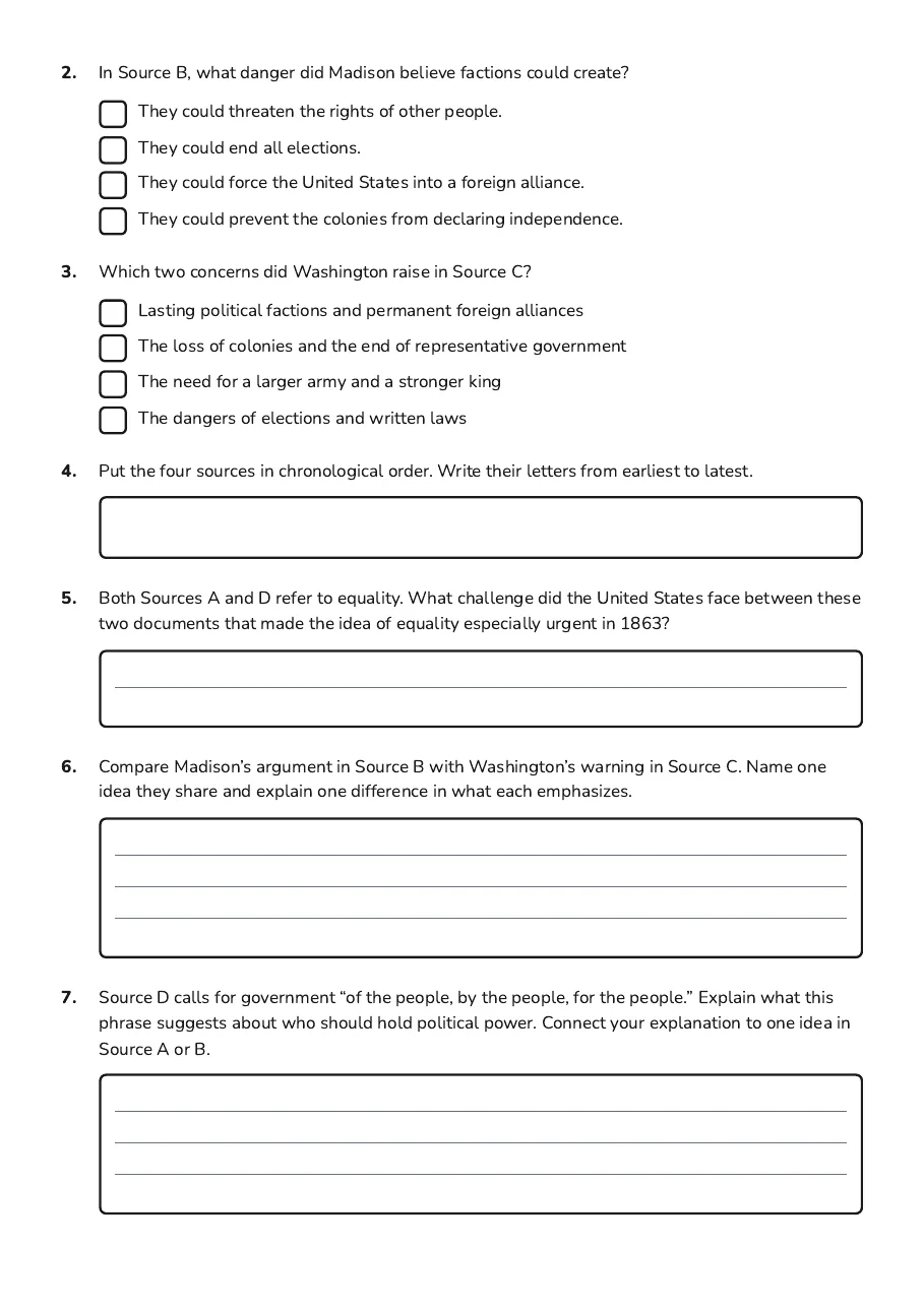 GATE 8th Grade History, page 2 of 3: 2. In Source B, what danger did Madison believe factions could create?