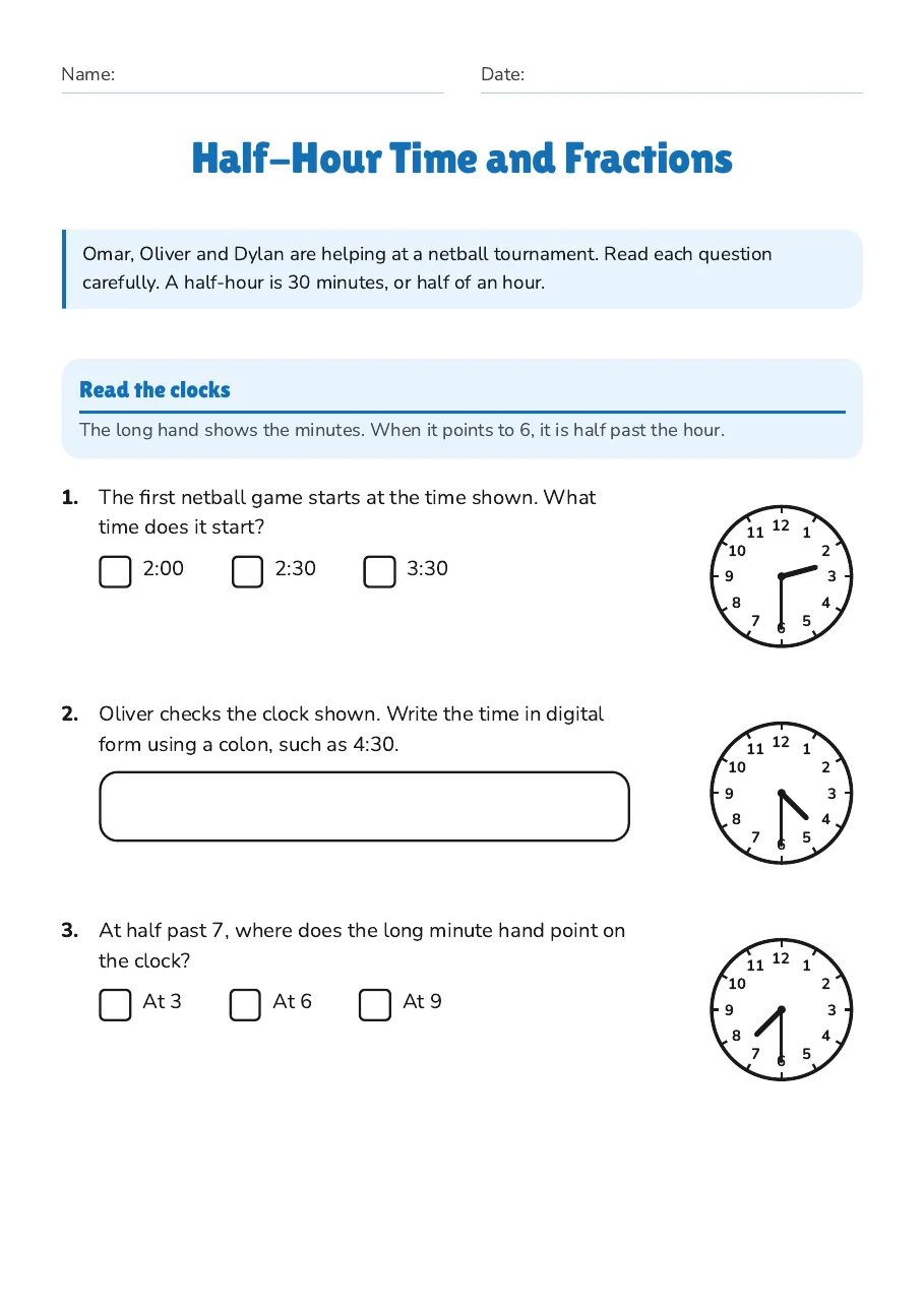 Half-Hour Time and Fractions, page 1 of 3: Read the clocks