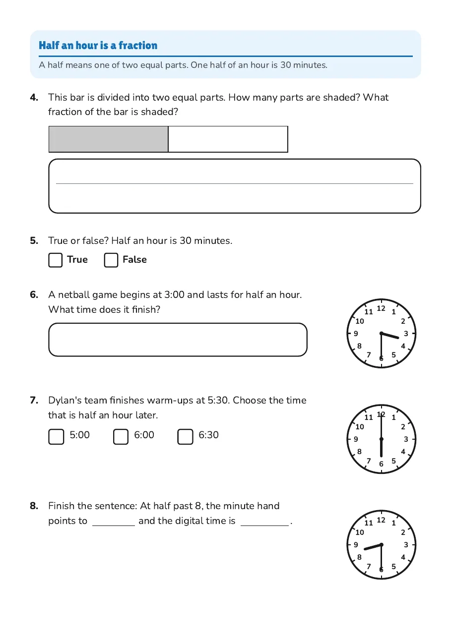 Half-Hour Time and Fractions, page 2 of 3: Half an hour is a fraction