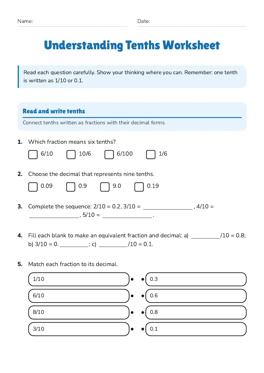 Understanding Tenths Worksheet, page 1 of 3: Read and write tenths