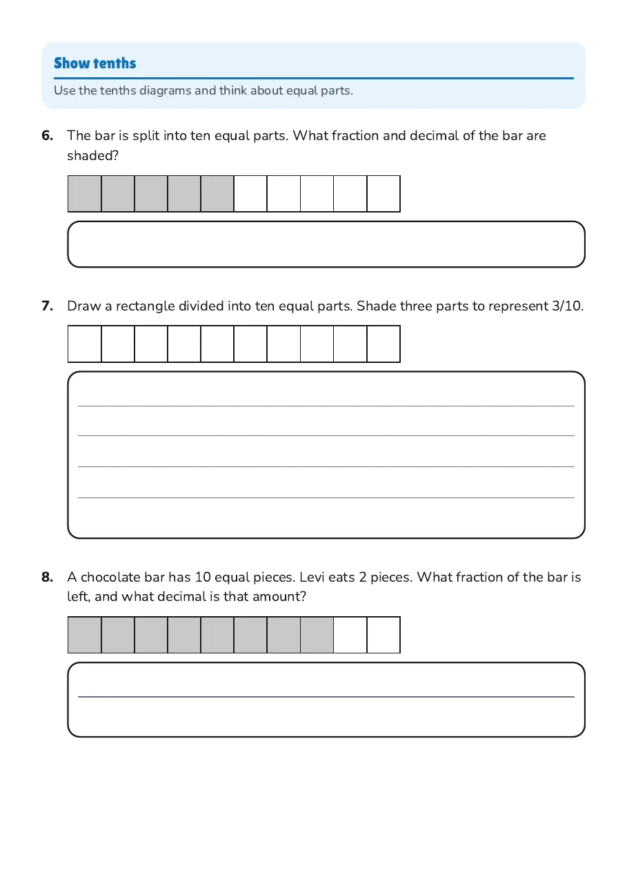 Understanding Tenths Worksheet, page 2 of 3: Show tenths