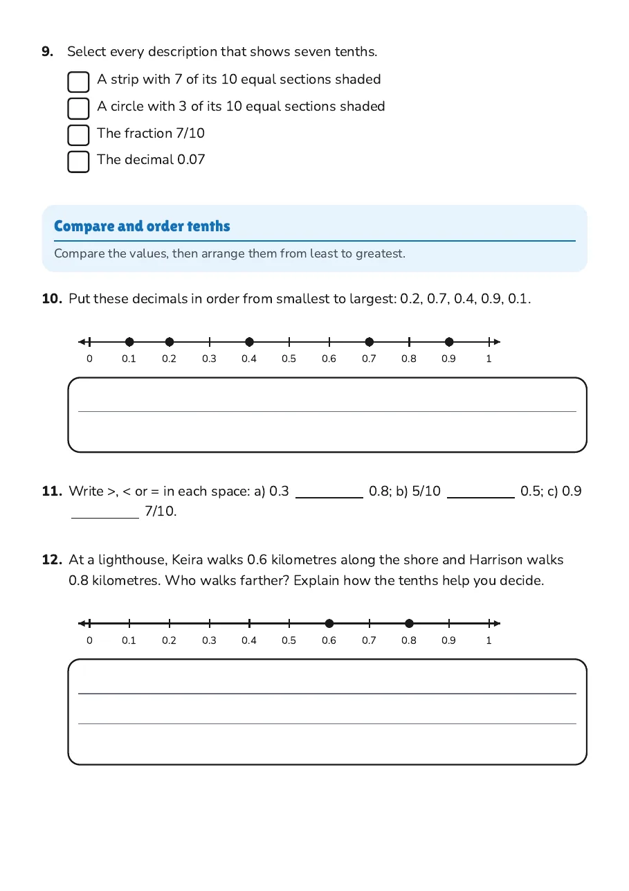 Understanding Tenths Worksheet, page 3 of 3: Compare and order tenths