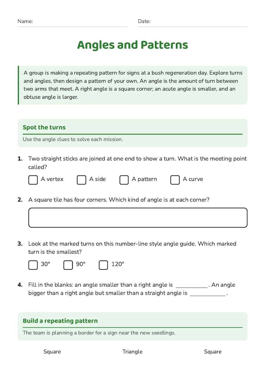Angles and Patterns, page 1 of 3: Spot the turns, Build a repeating pattern