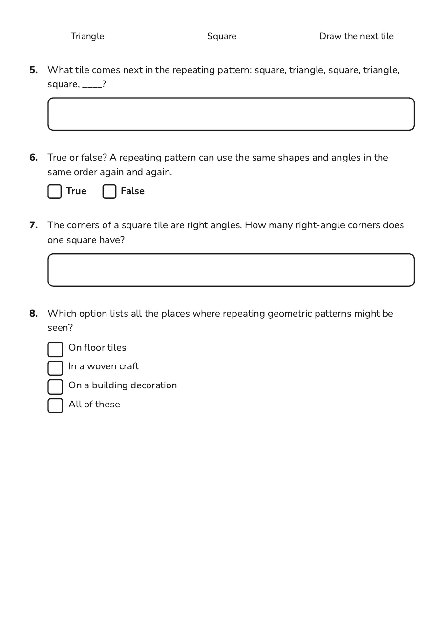 Angles and Patterns, page 2 of 3: Triangle Square Draw the next tile