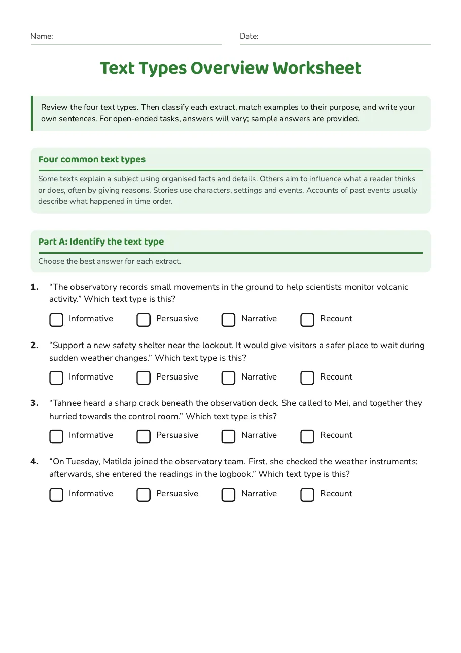 Text Types Overview Worksheet, page 1 of 2: Four common text types, Part A: Identify the text type