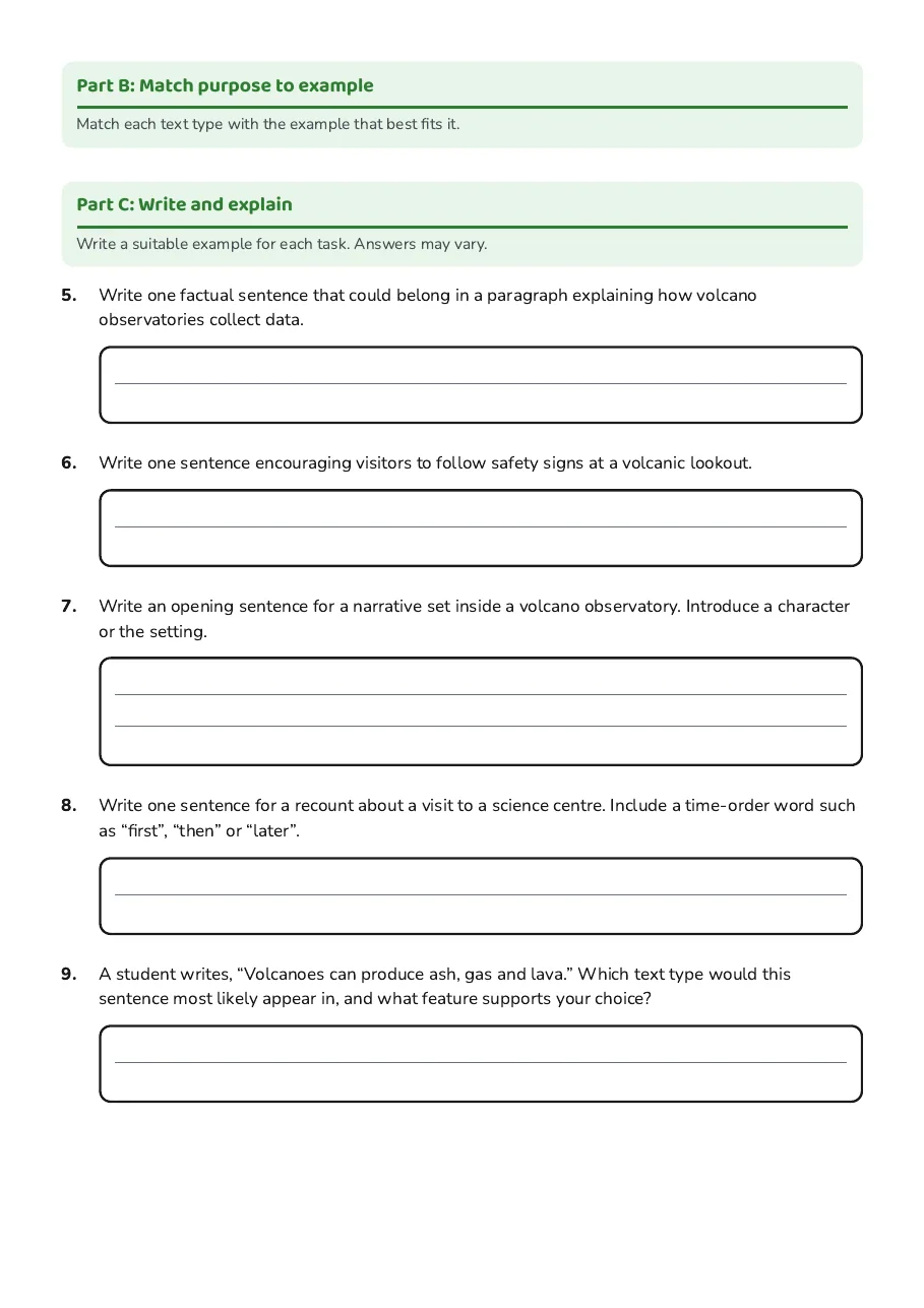 Text Types Overview Worksheet, page 2 of 2: Part B: Match purpose to example, Part C: Write and explain